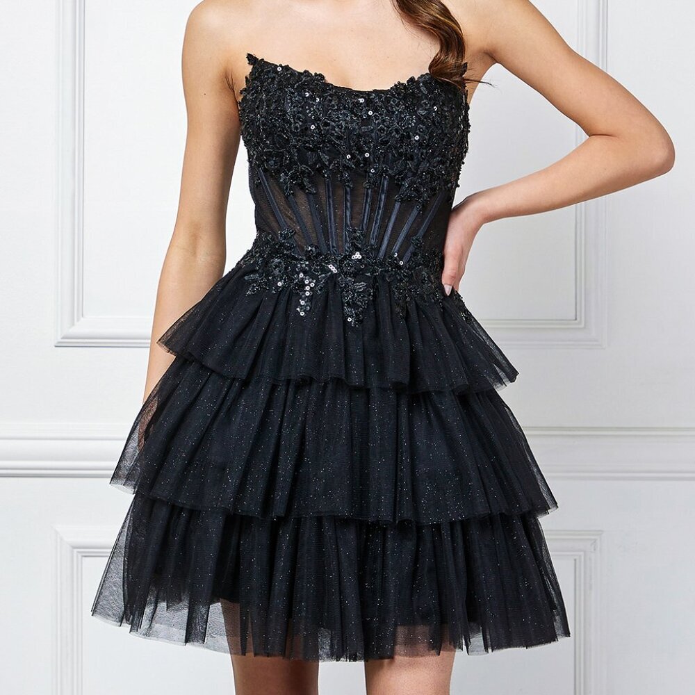 New Sleeveless Strapless Sequins Embellished Mini Dress w/ Sheer Bodice AC 9066S